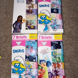 4 Packs 100% Cotton Girls Briefs: Wish (Sz 4) Smurfs (sz 6&8) Inside Out 2 (sz 8